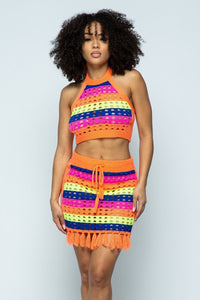 Striped Multi Color Laser Cut Cropped Halter Top/short Skirt Knit 2 Piece Set With Tassels