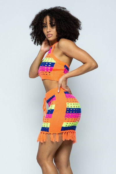 Striped Multi Color Laser Cut Cropped Halter Top/short Skirt Knit 2 Piece Set With Tassels