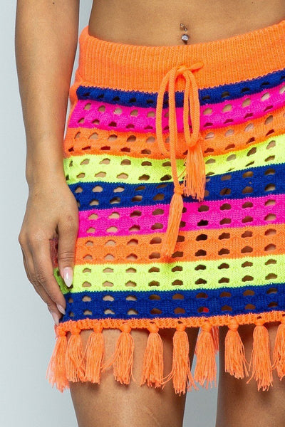 Striped Multi Color Laser Cut Cropped Halter Top/short Skirt Knit 2 Piece Set With Tassels