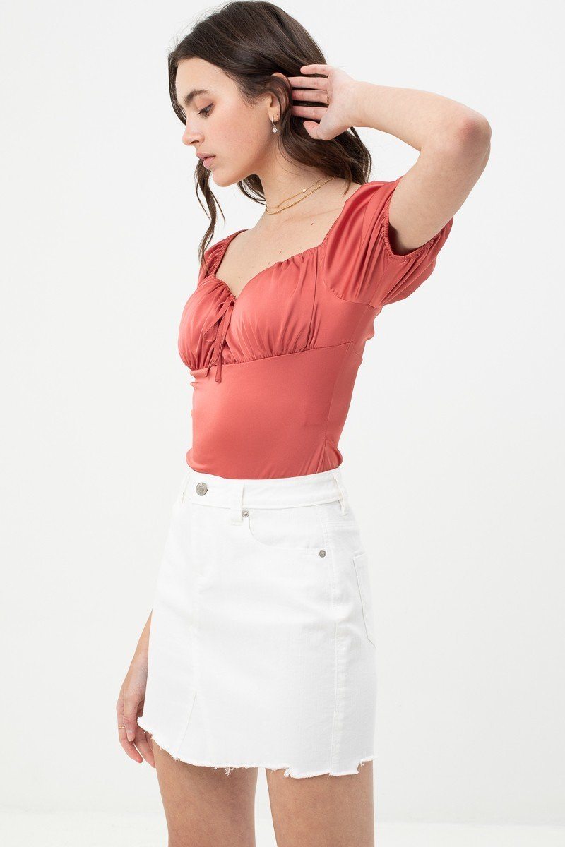 Satin Bodysuit With Front Neck Tie And Scooped Neck