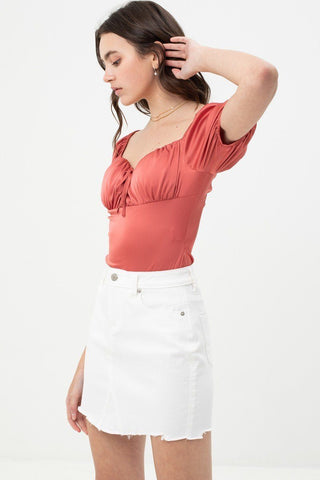 Satin Bodysuit With Front Neck Tie And Scooped Neck