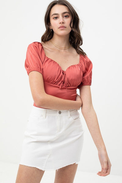 Satin Bodysuit With Front Neck Tie And Scooped Neck