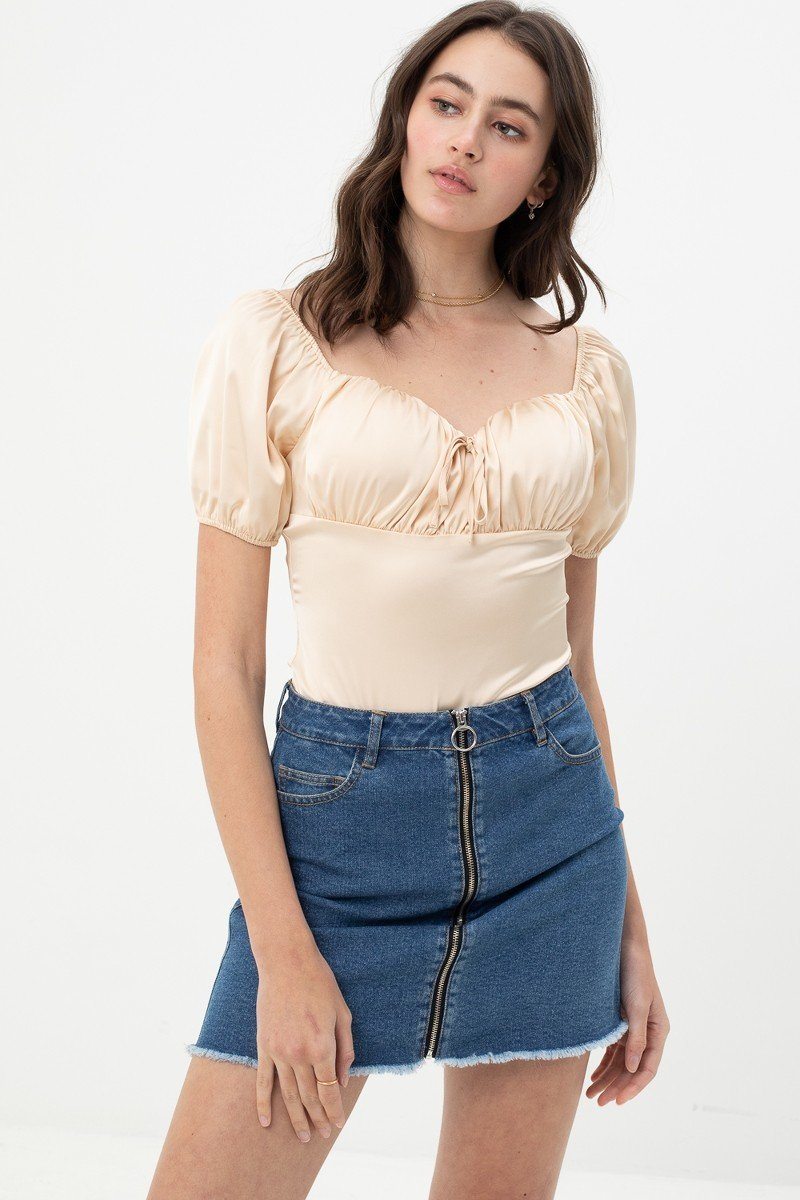 Satin Bodysuit With Front Neck Tie And Scooped Neck