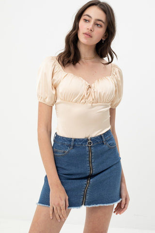 Satin Bodysuit With Front Neck Tie And Scooped Neck