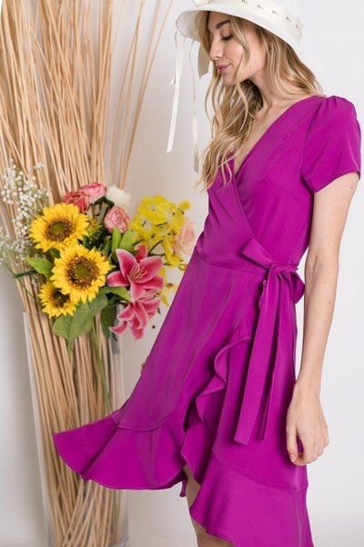 Solid Basic Ruffle Detailed Tulip Overlay Short Sleeve Surplice Dress With Ribbon Tie Waist Detail