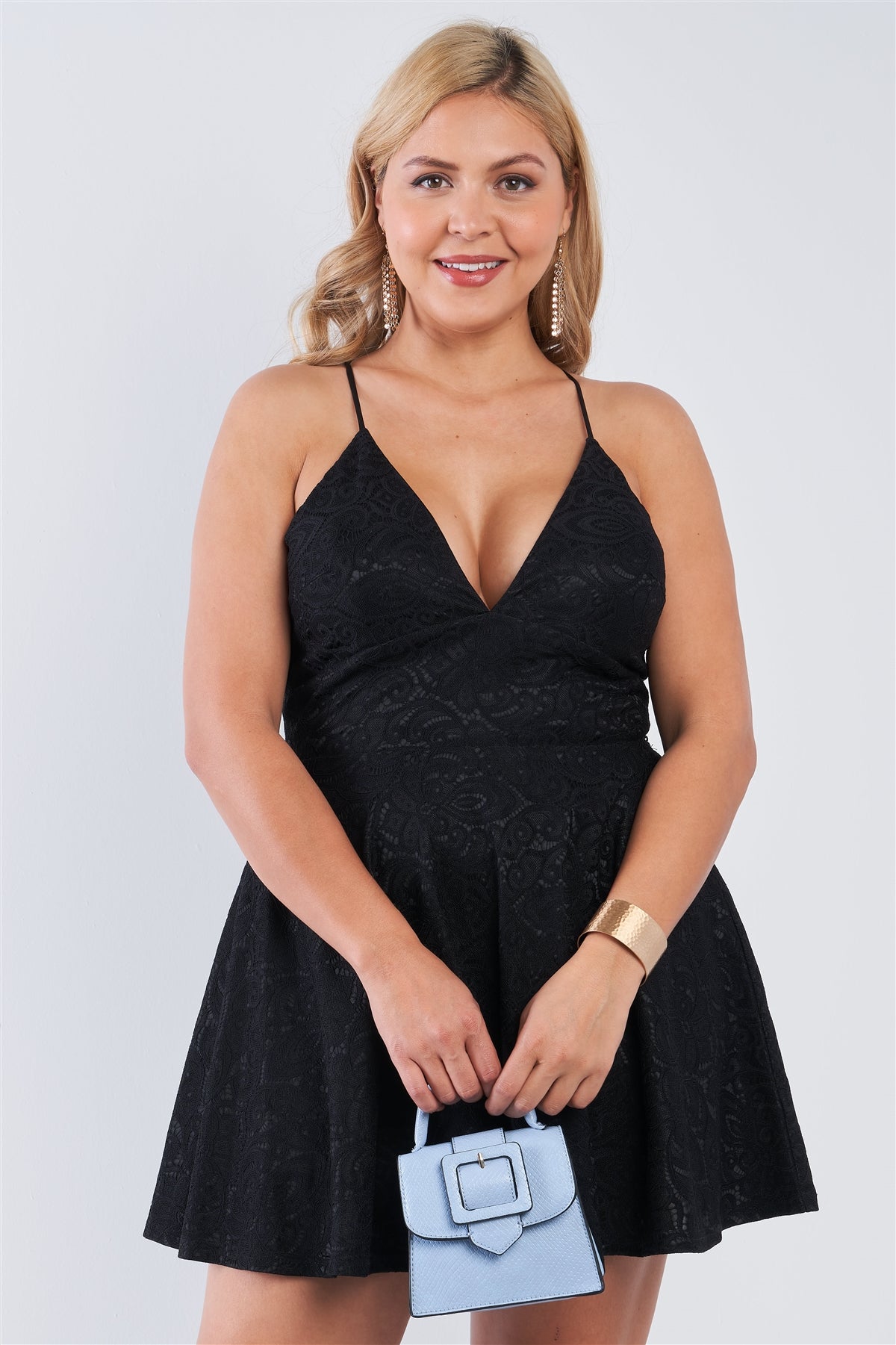 Plus Size V-neck Floral Lace Raceback Flare Skirt Mini Dress