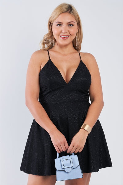 Plus Size V-neck Floral Lace Raceback Flare Skirt Mini Dress