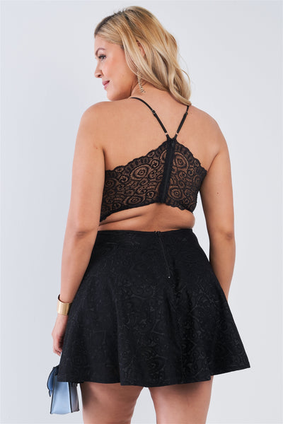 Plus Size V-neck Floral Lace Raceback Flare Skirt Mini Dress