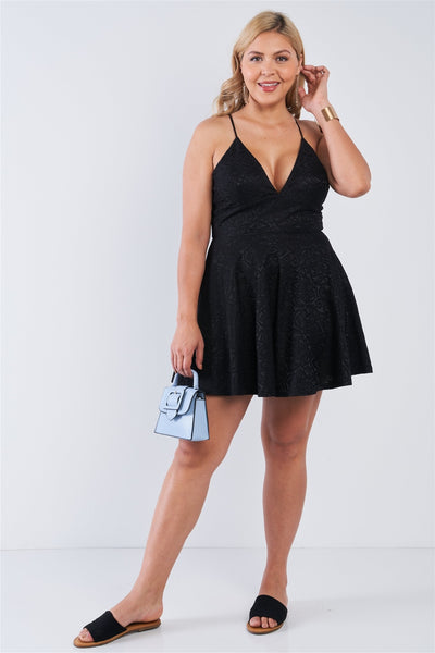 Plus Size V-neck Floral Lace Raceback Flare Skirt Mini Dress