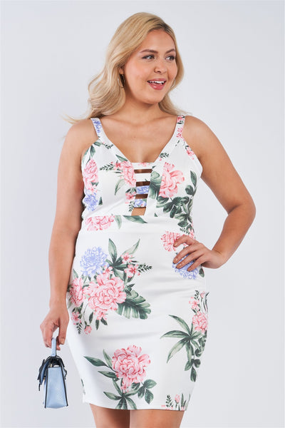 Plus Size Off-white Floral V-neck Strap Front Bodycon Mini Dress