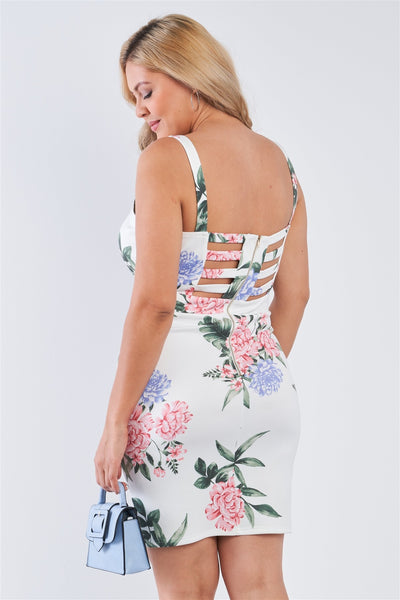 Plus Size Off-white Floral V-neck Strap Front Bodycon Mini Dress