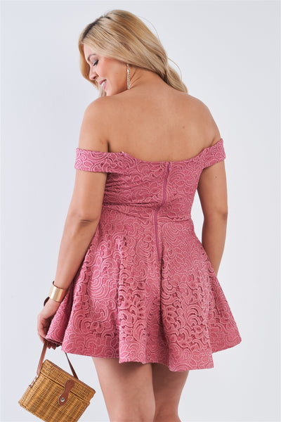 Plus Size Floral Lace V-neck Off The Shoulder Mini Flare Dress