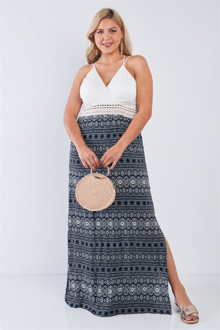 Plus Size Navy V-neck Lace Crochet Detail Criss Cross Back Maxi Dress