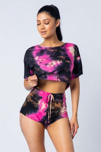 Tie Dye Round Short Sleeve Crop Top And High Waist Shorts Set