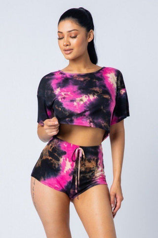 Tie Dye Round Short Sleeve Crop Top And High Waist Shorts Set