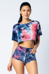 Tie Dye Round Short Sleeve Crop Top And High Waist Shorts Set