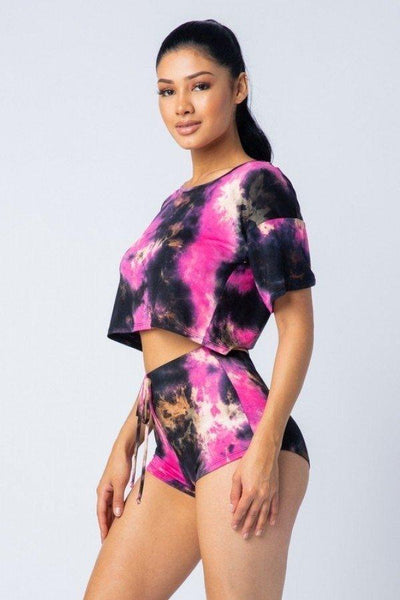 Tie Dye Round Short Sleeve Crop Top And High Waist Shorts Set