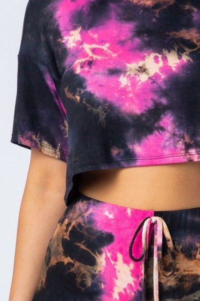 Tie Dye Round Short Sleeve Crop Top And High Waist Shorts Set