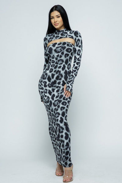 Mock Neck Long Sleeve Thumb In Top With Tube Top Long Dress Set