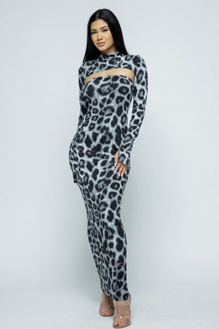 Mock Neck Long Sleeve Thumb In Top With Tube Top Long Dress Set