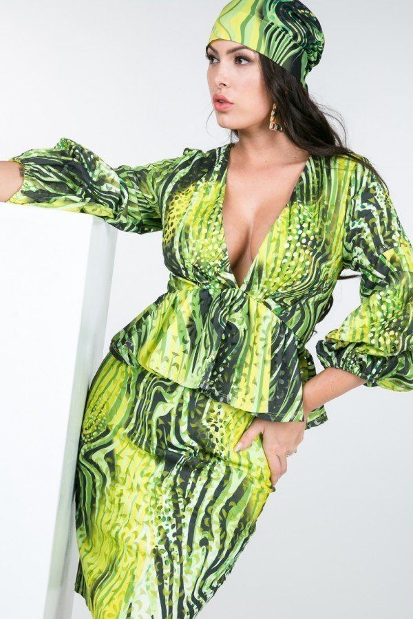 Deep V-neck Dress W/ Puff Sleeves And Peplum Detail