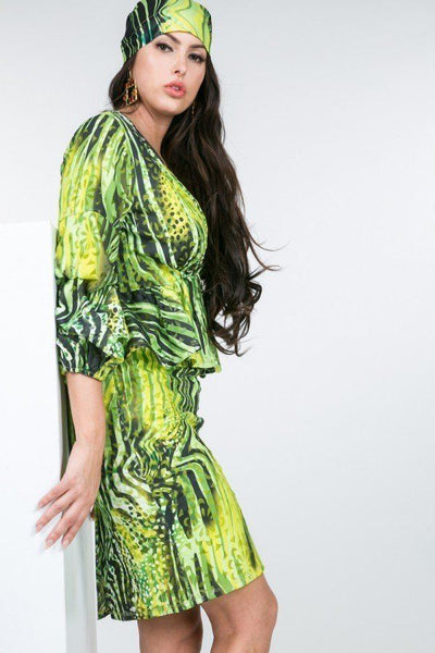 Deep V-neck Dress W/ Puff Sleeves And Peplum Detail