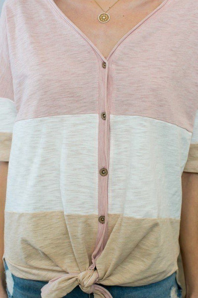 Short Sleeve Front Tie Button Down Color Block Knit Top