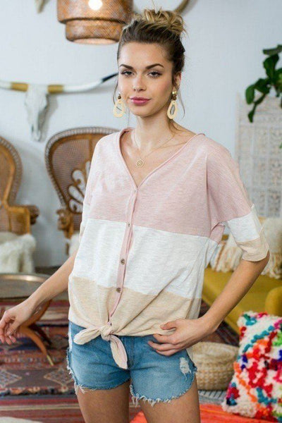 Short Sleeve Front Tie Button Down Color Block Knit Top