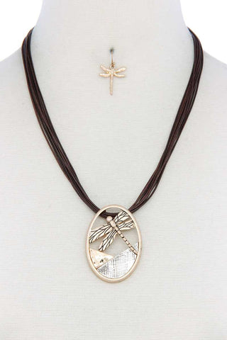 Dragonfly Oval Pendant Pu Leather Necklace