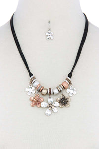 Tri Tone Flower Charm Pu Leather Necklace