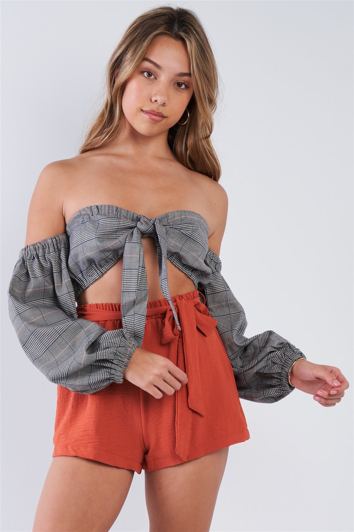 Plaid Center Bow Off-the-shoulder Crop Top