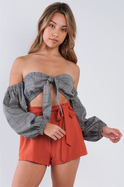 Plaid Center Bow Off-the-shoulder Crop Top
