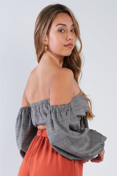 Plaid Center Bow Off-the-shoulder Crop Top