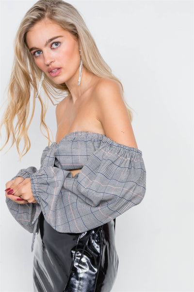 Plaid Center Bow Off-the-shoulder Crop Top