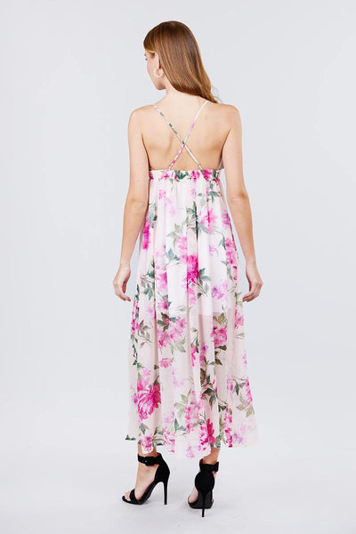 Deep V-neck W/cross Strap Print Maxi Dress