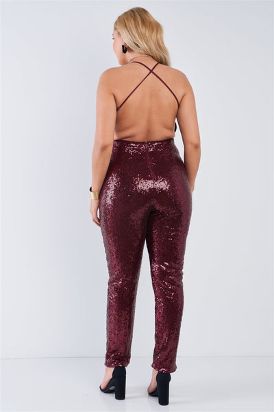Plus Size Sequin V-neck Criss Cross Open Back Bodycon Jumpsuit