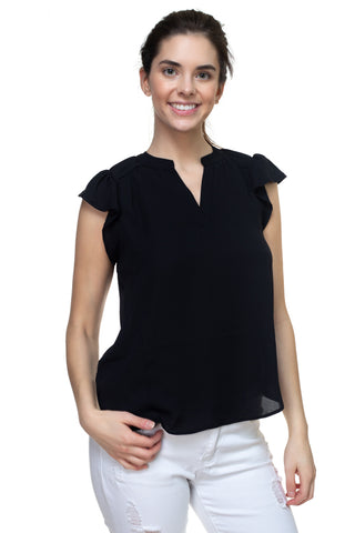 Split V Band Collar Ruffle Sleeve Top