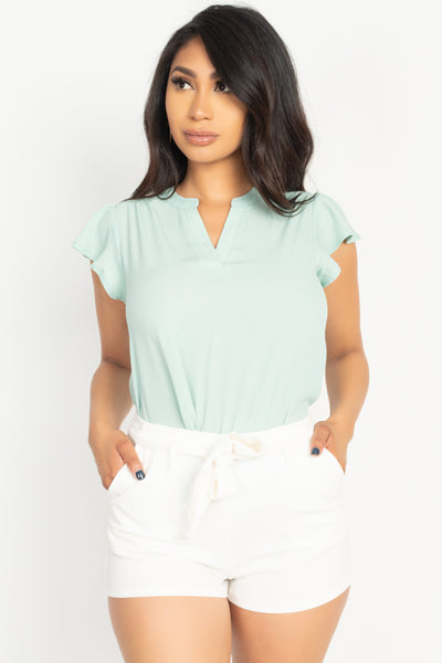 Split V Band Collar Ruffle Sleeve Top
