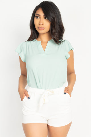 Split V Band Collar Ruffle Sleeve Top