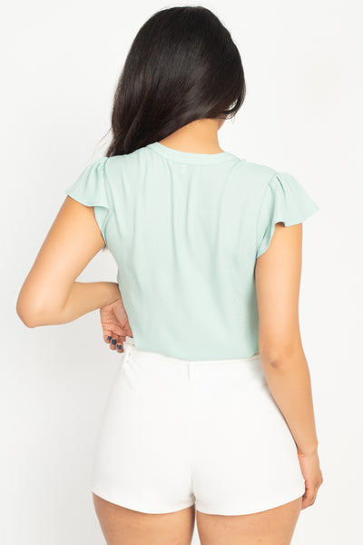 Split V Band Collar Ruffle Sleeve Top
