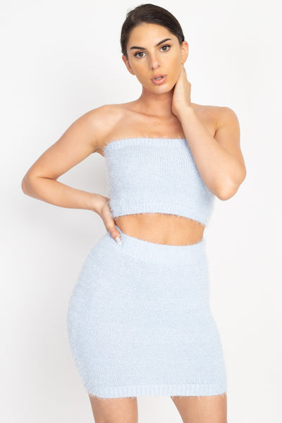 Fuzzy Ribbed Tube Top & Mini Skirt Set