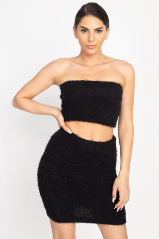 Fuzzy Ribbed Tube Top & Mini Skirt Set