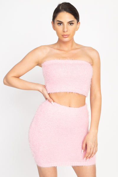 Fuzzy Ribbed Tube Top & Mini Skirt Set