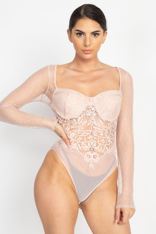 Sheer Mesh Polka Dot & Lace Bodysuit