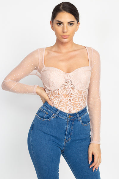Sheer Mesh Polka Dot & Lace Bodysuit