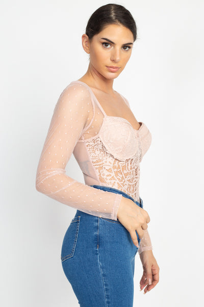 Sheer Mesh Polka Dot & Lace Bodysuit