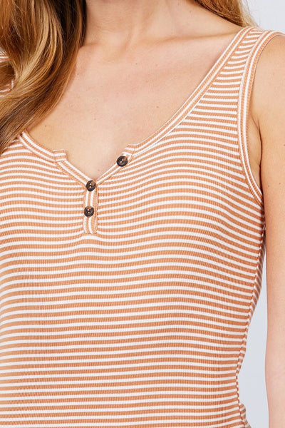 Sleeveless Henley Stripe Rayon Spandex Rib Top