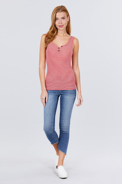 Sleeveless Henley Stripe Rayon Spandex Rib Top