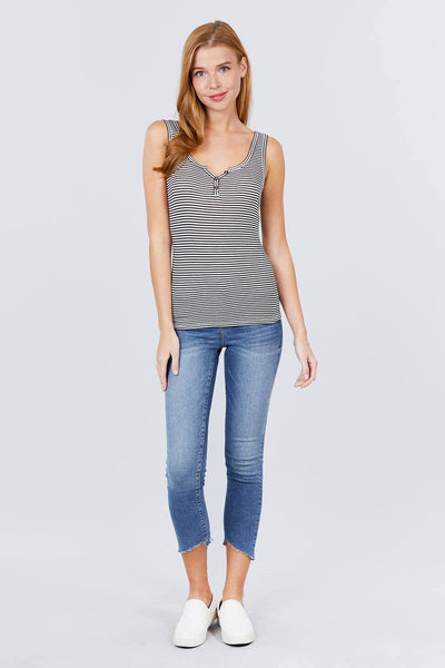 Sleeveless Henley Stripe Rayon Spandex Rib Top
