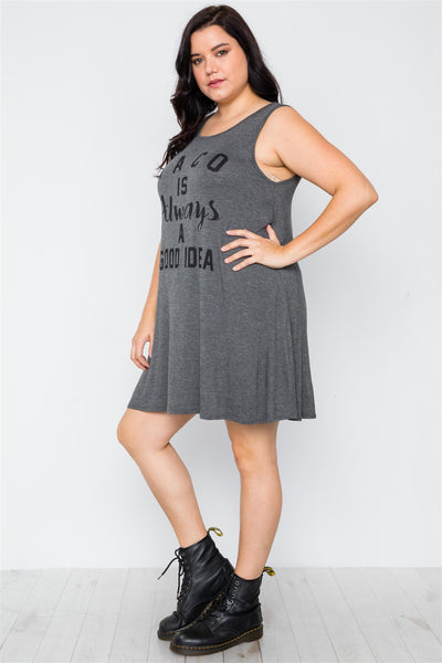 Plus Size Charcoal Graphic Print Sleeveless Tunic Dress